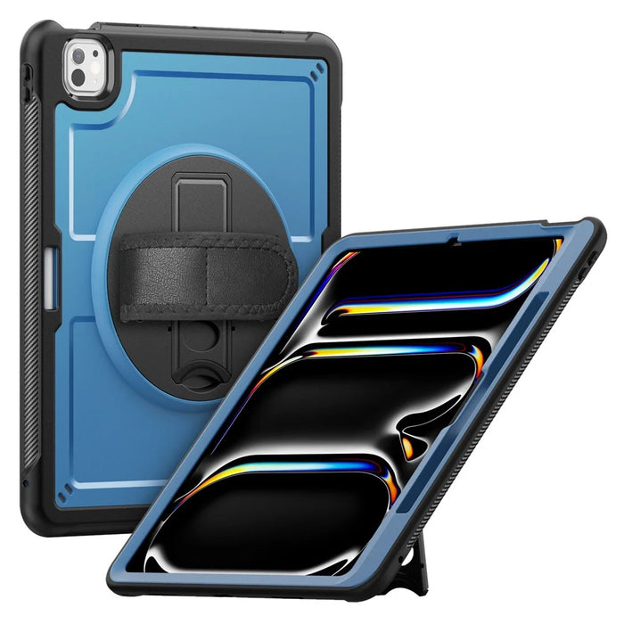 For iPad Pro 13 (2025) / 13 (2024) Case Kickstand PC + TPE Tablet Cover with Hand Strap and Shoulder Strap - Navy Blue - 3