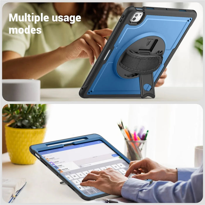 For iPad Pro 13 (2025) / 13 (2024) Case Kickstand PC + TPE Tablet Cover with Hand Strap and Shoulder Strap - Navy Blue - 6