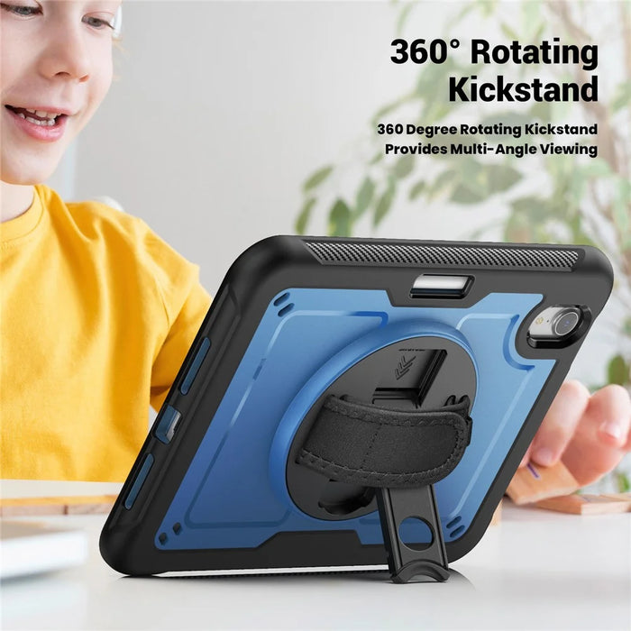 For iPad mini (2024)  /  (2021) Case Kickstand PC TPE Tablet Cover with Hand Strap - Navy Blue - 3