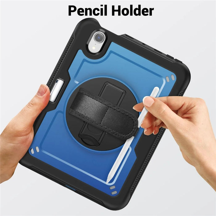 For iPad mini (2024)  /  (2021) Case Kickstand PC TPE Tablet Cover with Hand Strap - Navy Blue - 7