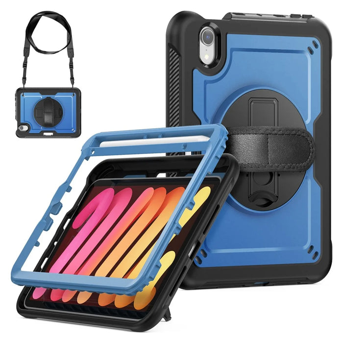 For iPad mini (2024)  /  (2021) Case Kickstand PC + TPE Tablet Cover with Hand Strap and Shoulder Strap - Navy Blue - 1