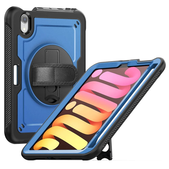 For iPad mini (2024)  /  (2021) Case Kickstand PC + TPE Tablet Cover with Hand Strap and Shoulder Strap - Navy Blue - 3