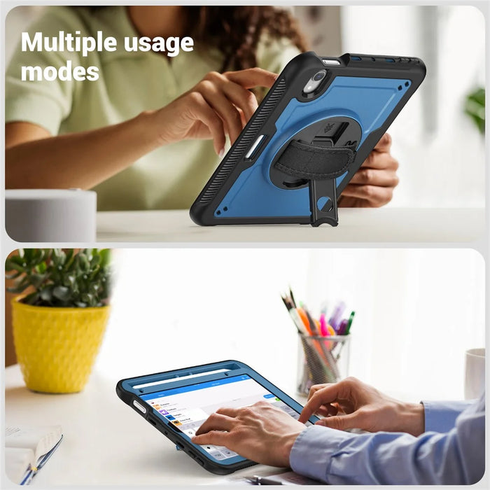 For iPad mini (2024)  /  (2021) Case Kickstand PC + TPE Tablet Cover with Hand Strap and Shoulder Strap - Navy Blue - 6