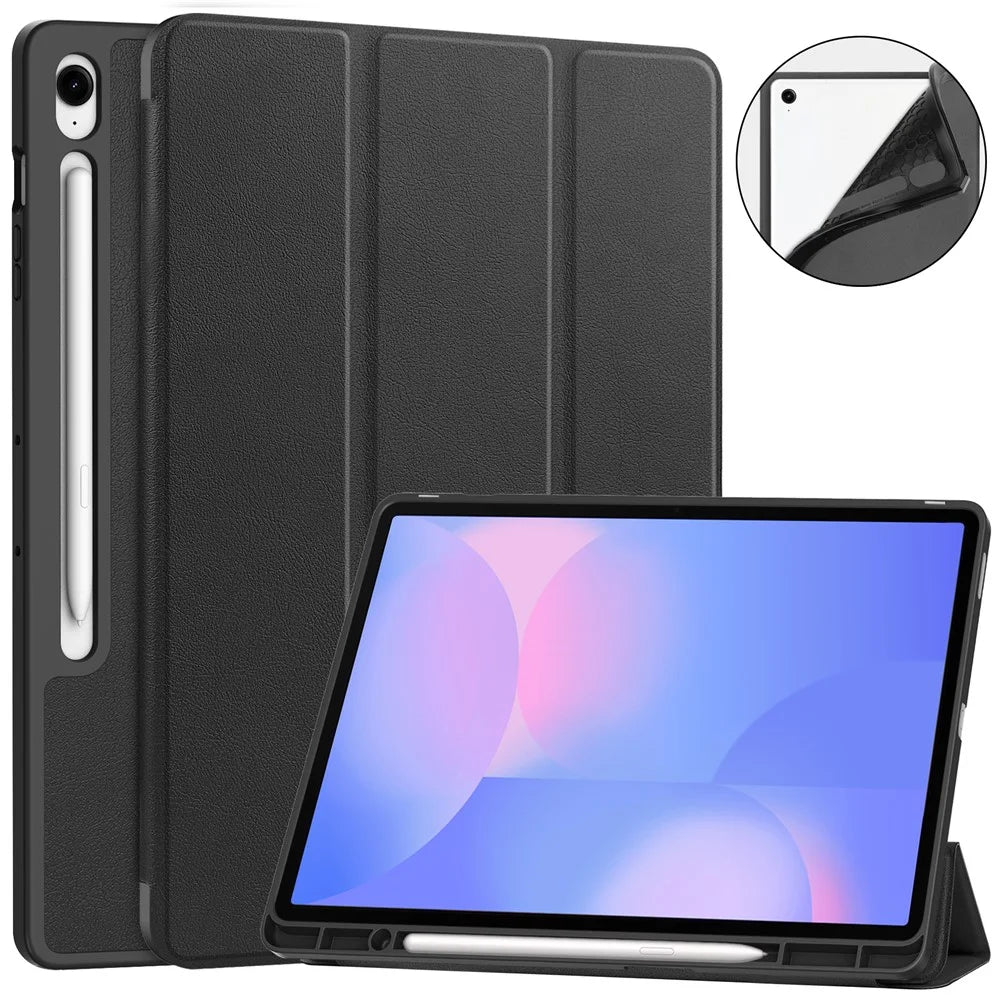 For Samsung Galaxy Tab S10 FE+ Stand Case Shock-Absorbent Leather Tablet Cover with Pen Slot - Black - 1