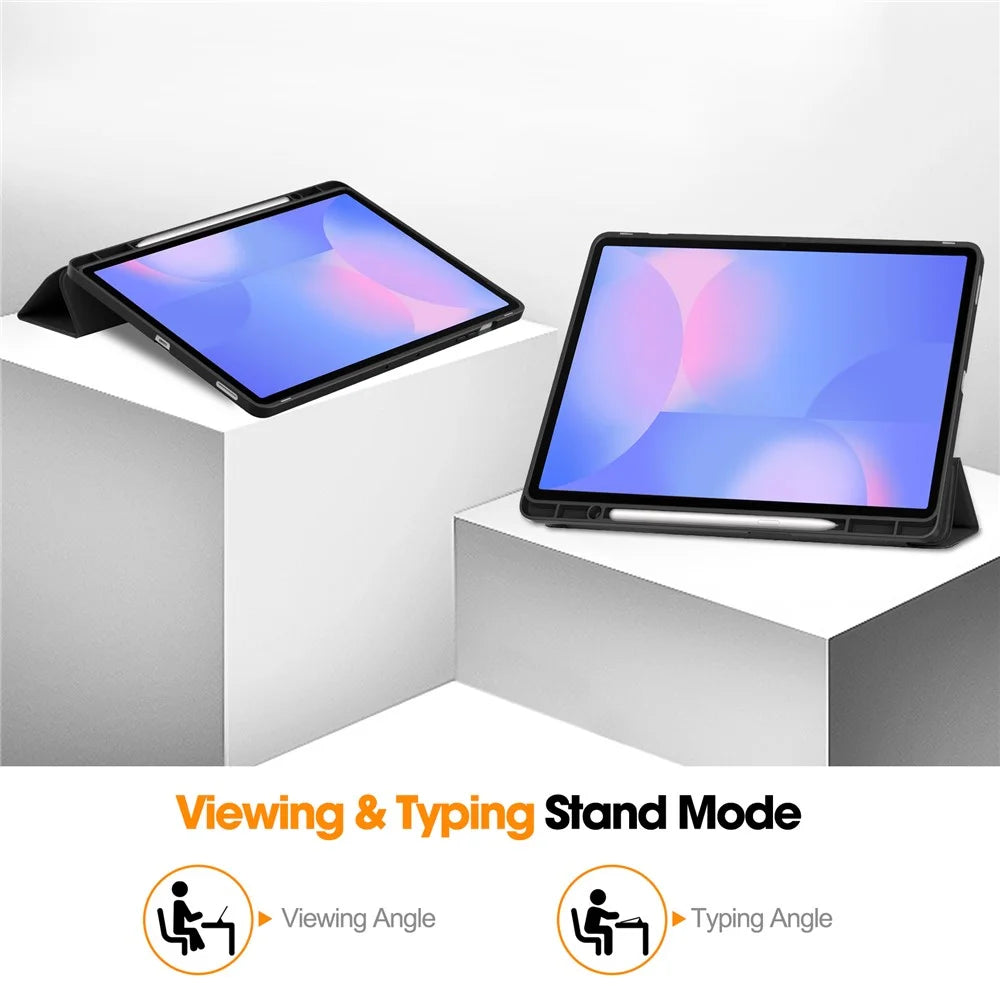 For Samsung Galaxy Tab S10 FE+ Stand Case Shock-Absorbent Leather Tablet Cover with Pen Slot - Black - 3