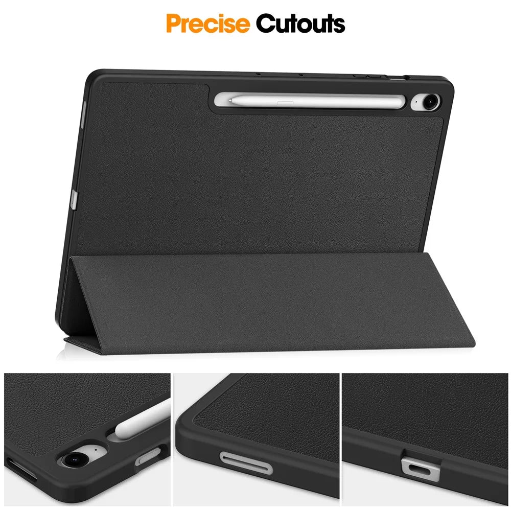 For Samsung Galaxy Tab S10 FE+ Stand Case Shock-Absorbent Leather Tablet Cover with Pen Slot - Black - 4