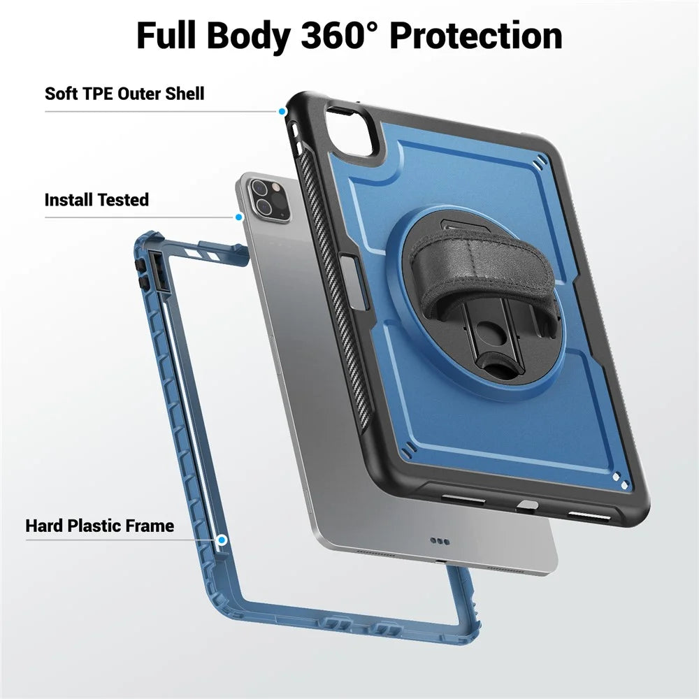 Tablet Case For iPad Air (2022)  /  (2020)  /  Pro 11 (2022)  /  (2021)  /  (2020)  /  (2018) PC + TPE Cover with Hand Strap and Shoulder Strap - Navy Blue - 4