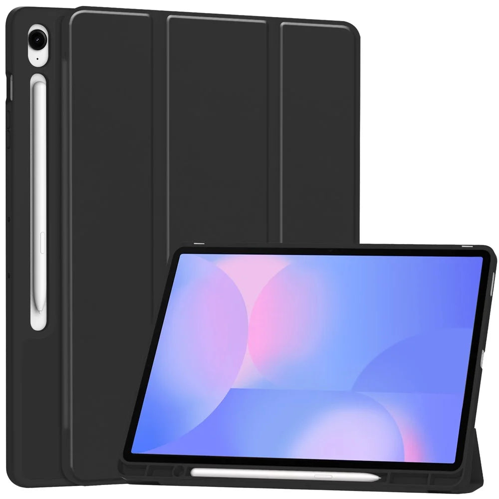 For Samsung Galaxy Tab S10 FE+ Case Trifold Stand Solid Color Leather Tablet Cover with Pen Slot - Black - 1