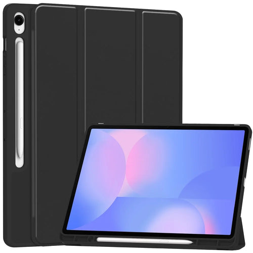For Samsung Galaxy Tab S10 FE+ Case Trifold Stand Solid Color Leather Tablet Cover with Pen Slot - Black - 1