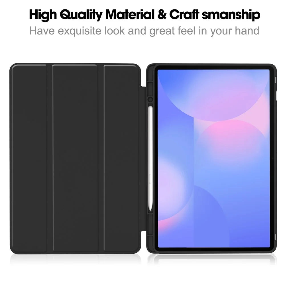 For Samsung Galaxy Tab S10 FE+ Case Trifold Stand Solid Color Leather Tablet Cover with Pen Slot - Black - 2
