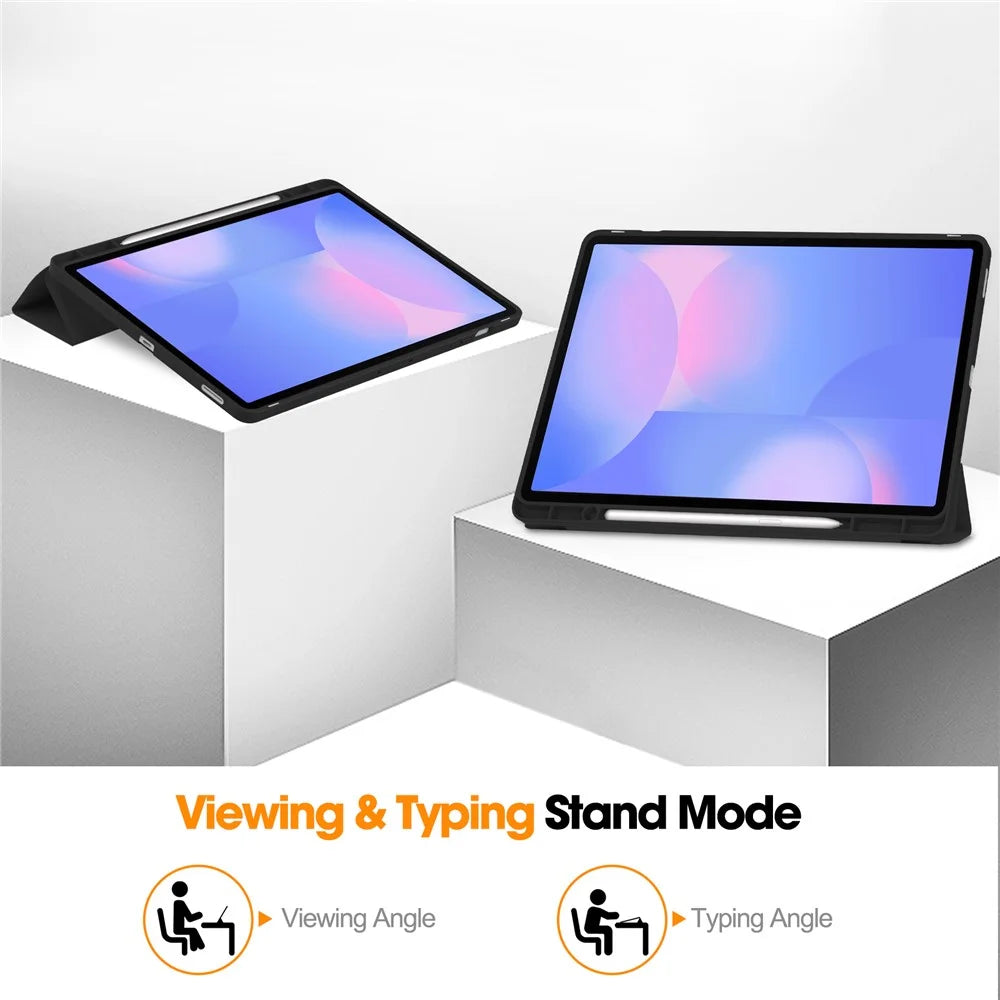 For Samsung Galaxy Tab S10 FE+ Case Trifold Stand Solid Color Leather Tablet Cover with Pen Slot - Black - 3