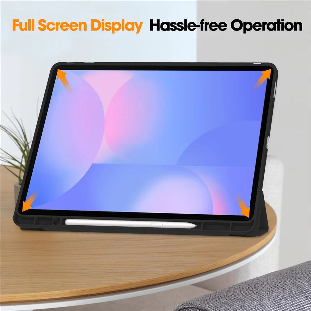 For Samsung Galaxy Tab S10 FE+ Case Trifold Stand Solid Color Leather Tablet Cover with Pen Slot - Black - 4