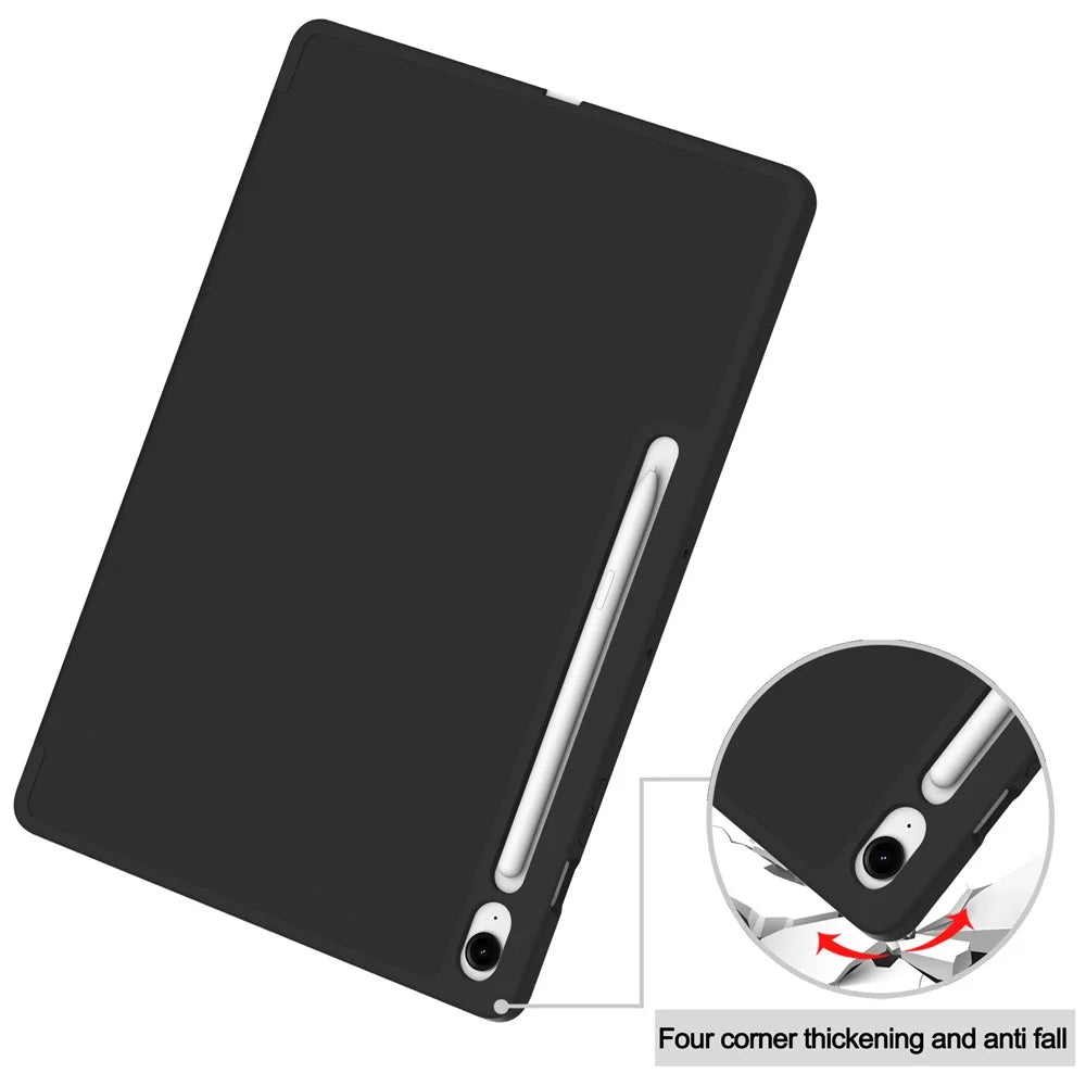 For Samsung Galaxy Tab S10 FE+ Case Trifold Stand Solid Color Leather Tablet Cover with Pen Slot - Black - 7