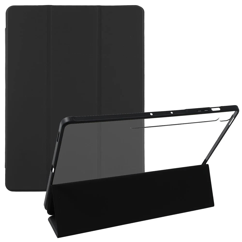 For Samsung Galaxy Tab S10 FE+ Case Skin-Touch Tri-Fold Stand PU Leather TPU Acrylic Clear Tablet Cover - Black - 1