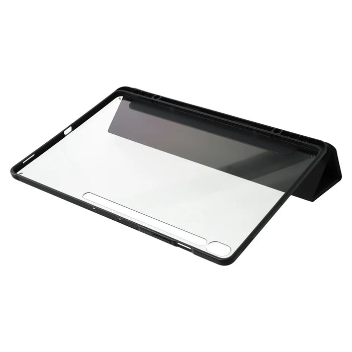 For Samsung Galaxy Tab S10 FE+ Case Skin-Touch Tri-Fold Stand PU Leather TPU Acrylic Clear Tablet Cover - Black - 2