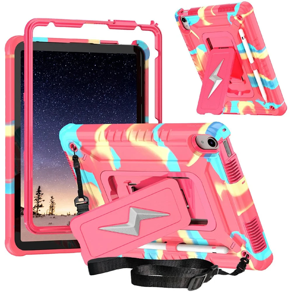 For iPad (2025) / 10.9 (2022) Case Kickstand PC + Silicone Tablet Cover with Shoulder Strap - Camouflage Rose + Rose - 1
