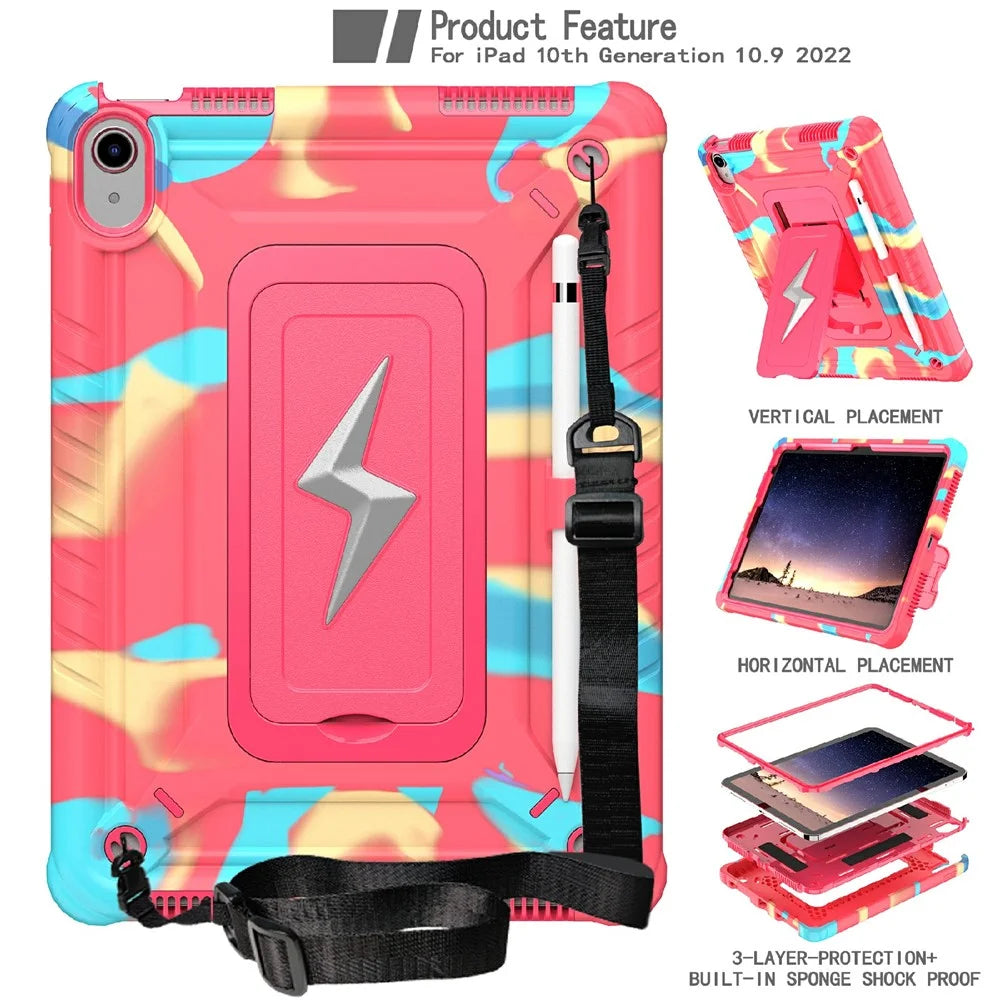 For iPad (2025) / 10.9 (2022) Case Kickstand PC + Silicone Tablet Cover with Shoulder Strap - Camouflage Rose + Rose - 2