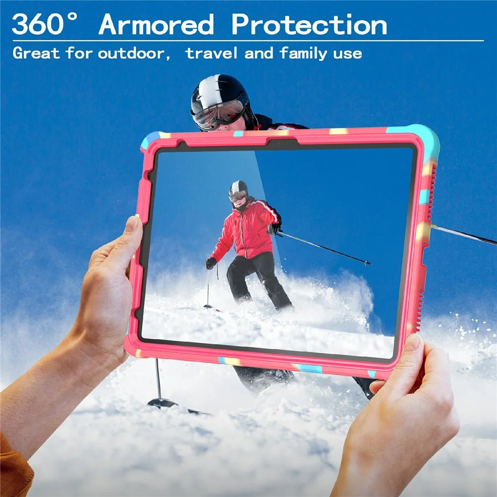 For iPad (2025) / 10.9 (2022) Case Kickstand PC + Silicone Tablet Cover with Shoulder Strap - Camouflage Rose + Rose - 3