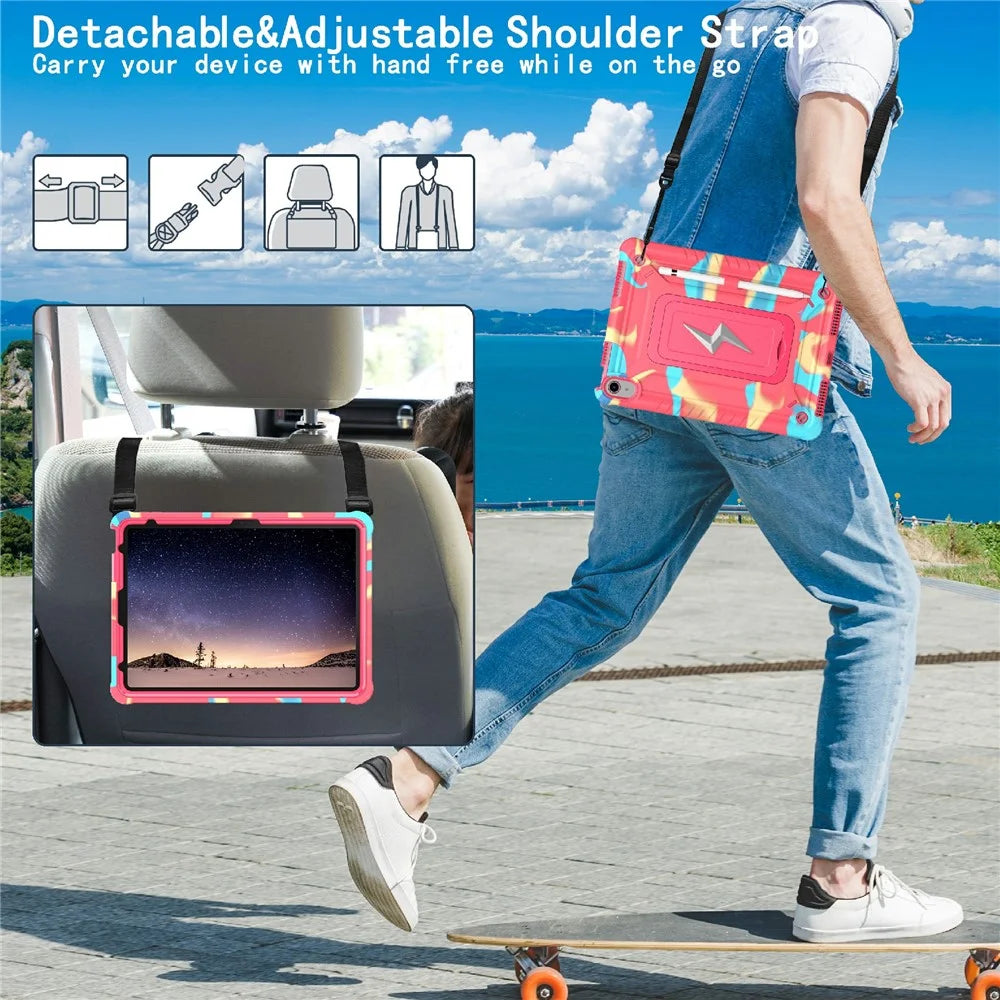 For iPad (2025) / 10.9 (2022) Case Kickstand PC + Silicone Tablet Cover with Shoulder Strap - Camouflage Rose + Rose - 4
