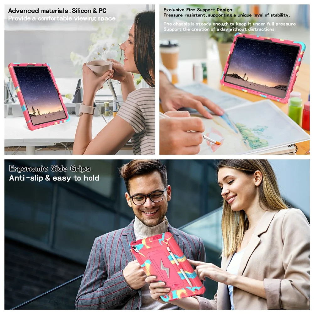 For iPad (2025) / 10.9 (2022) Case Kickstand PC + Silicone Tablet Cover with Shoulder Strap - Camouflage Rose + Rose - 5