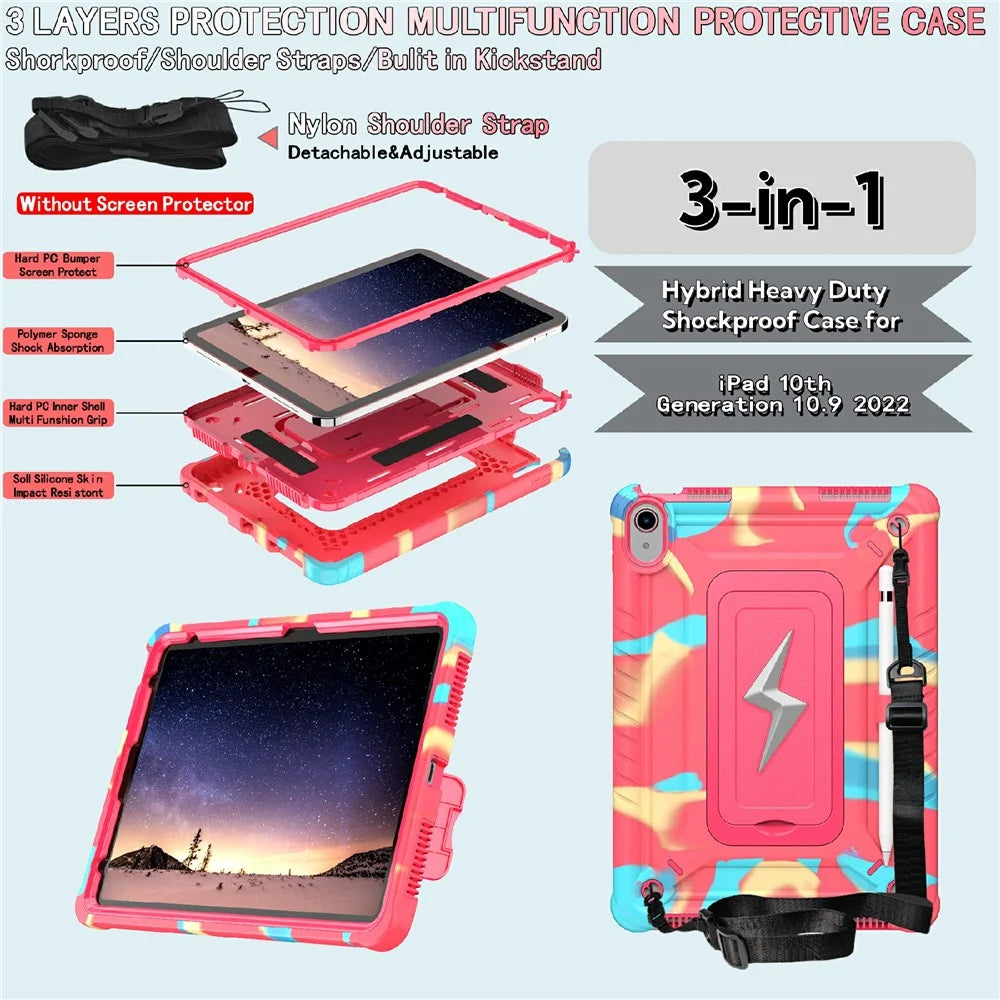 For iPad (2025) / 10.9 (2022) Case Kickstand PC + Silicone Tablet Cover with Shoulder Strap - Camouflage Rose + Rose - 7