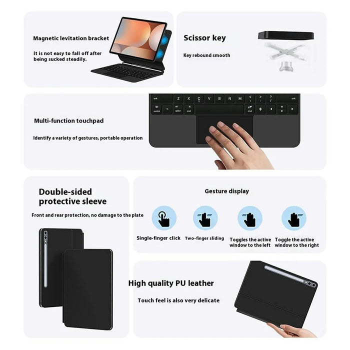 Tablet Case For Samsung Galaxy Tab S10+ / S9+ / S9 FE+ / S8+ / S7 FE Magnetic Floating Bluetooth-Compatible Keyboard + Leather Cover - Black - 5