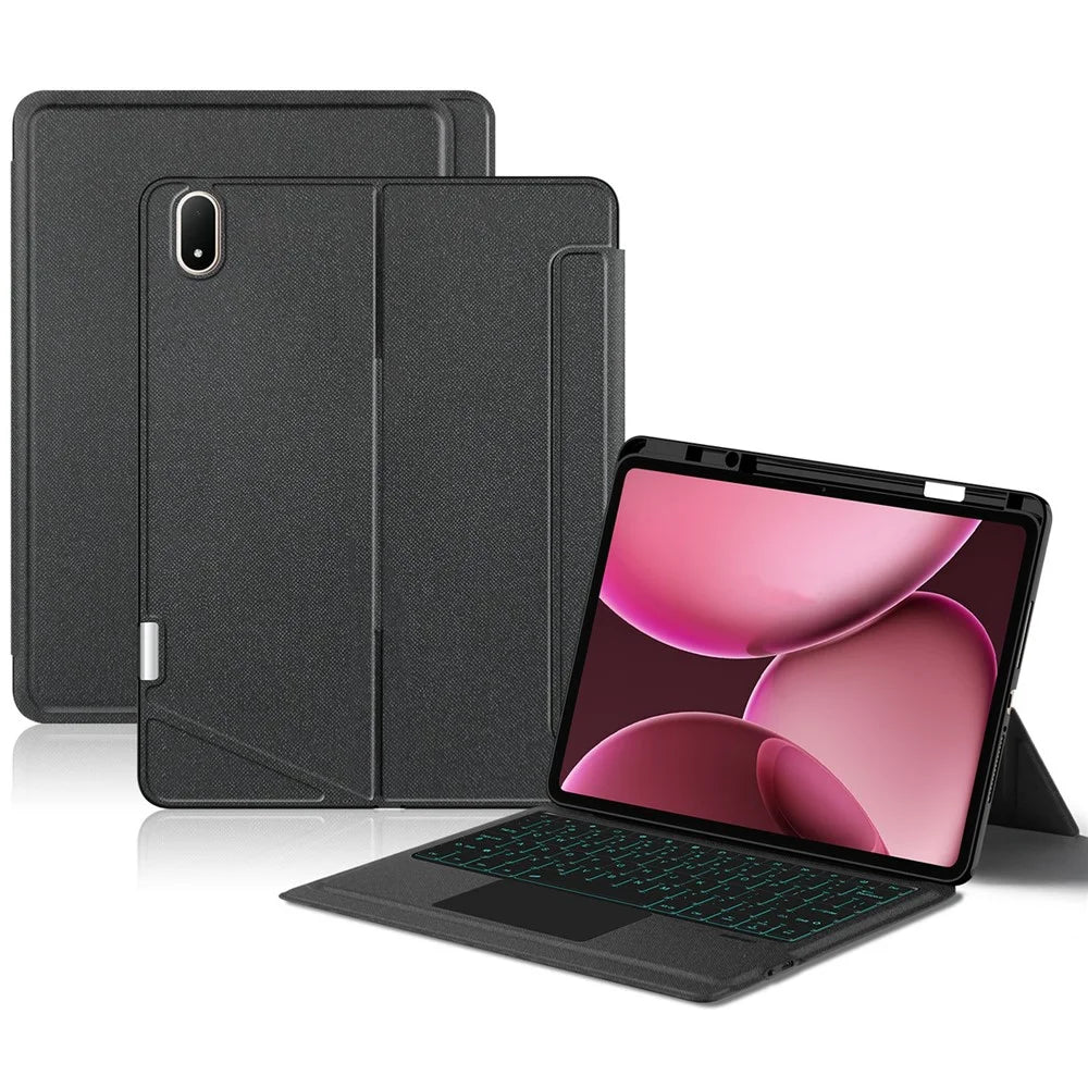 For Oppo Pad 4 Pro Leather Case + Bluetooth-Compatible Keyboard with Backlight Trackpad - 1
