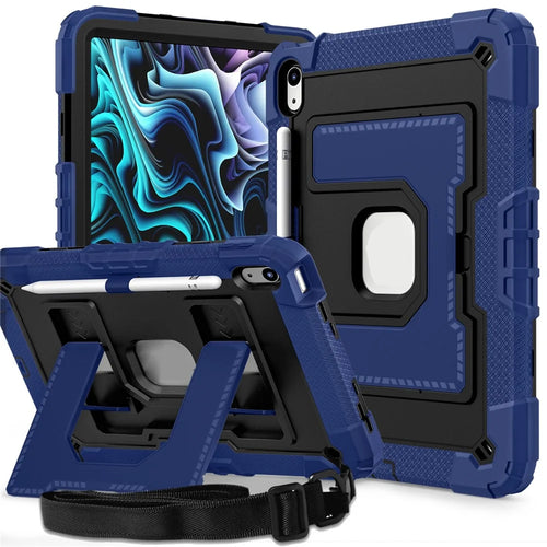 For iPad (2025) /  iPad 10.9 (2022) Case with Kickstand Strap Anti Drop PC + Silicone Tablet Cover - Navy Blue / Black - 1