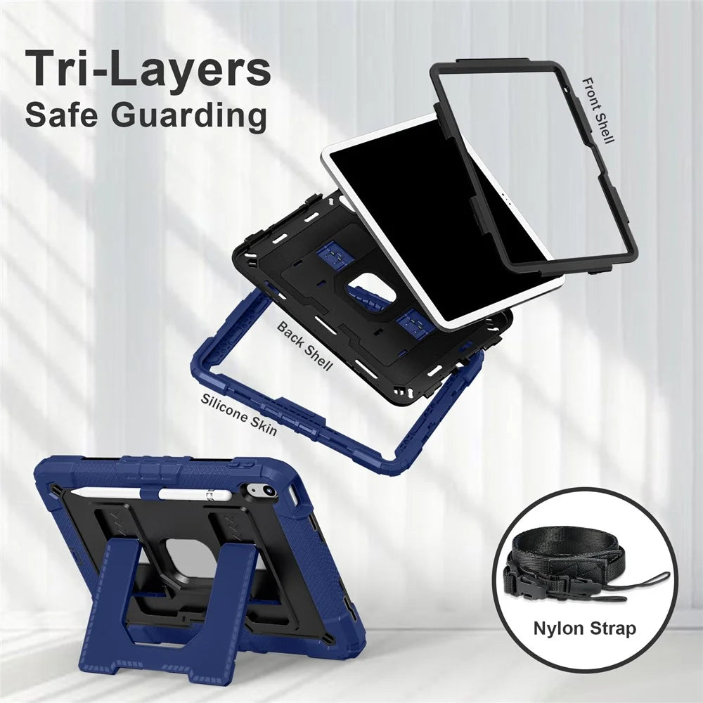 For iPad (2025) /  iPad 10.9 (2022) Case with Kickstand Strap Anti Drop PC + Silicone Tablet Cover - Navy Blue / Black - 2