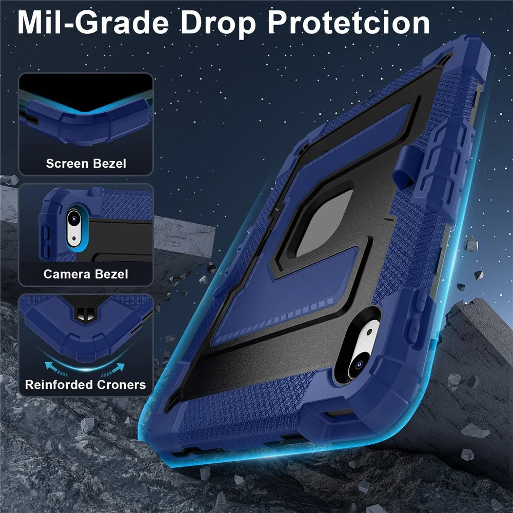 For iPad (2025) /  iPad 10.9 (2022) Case with Kickstand Strap Anti Drop PC + Silicone Tablet Cover - Navy Blue / Black - 3