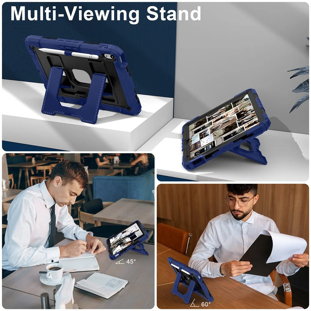 For iPad (2025) /  iPad 10.9 (2022) Case with Kickstand Strap Anti Drop PC + Silicone Tablet Cover - Navy Blue / Black - 5