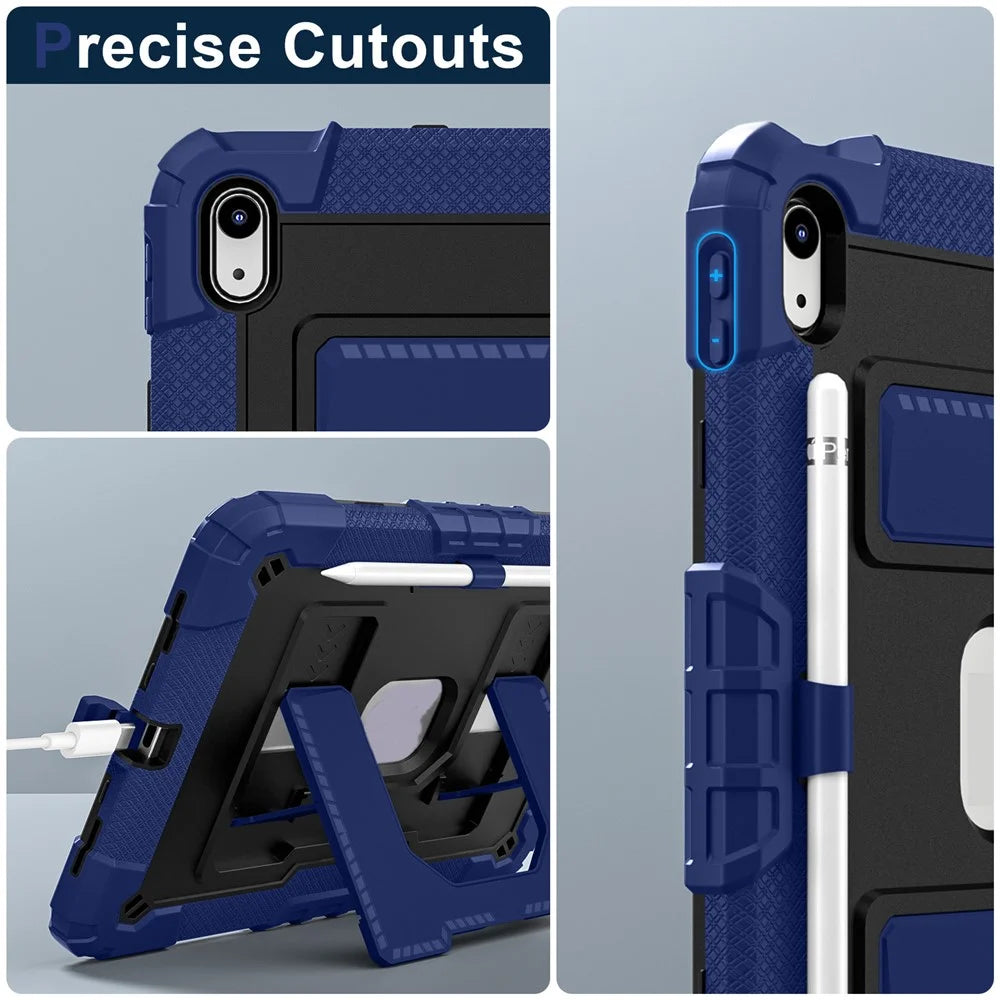 For iPad (2025) /  iPad 10.9 (2022) Case with Kickstand Strap Anti Drop PC + Silicone Tablet Cover - Navy Blue / Black - 6
