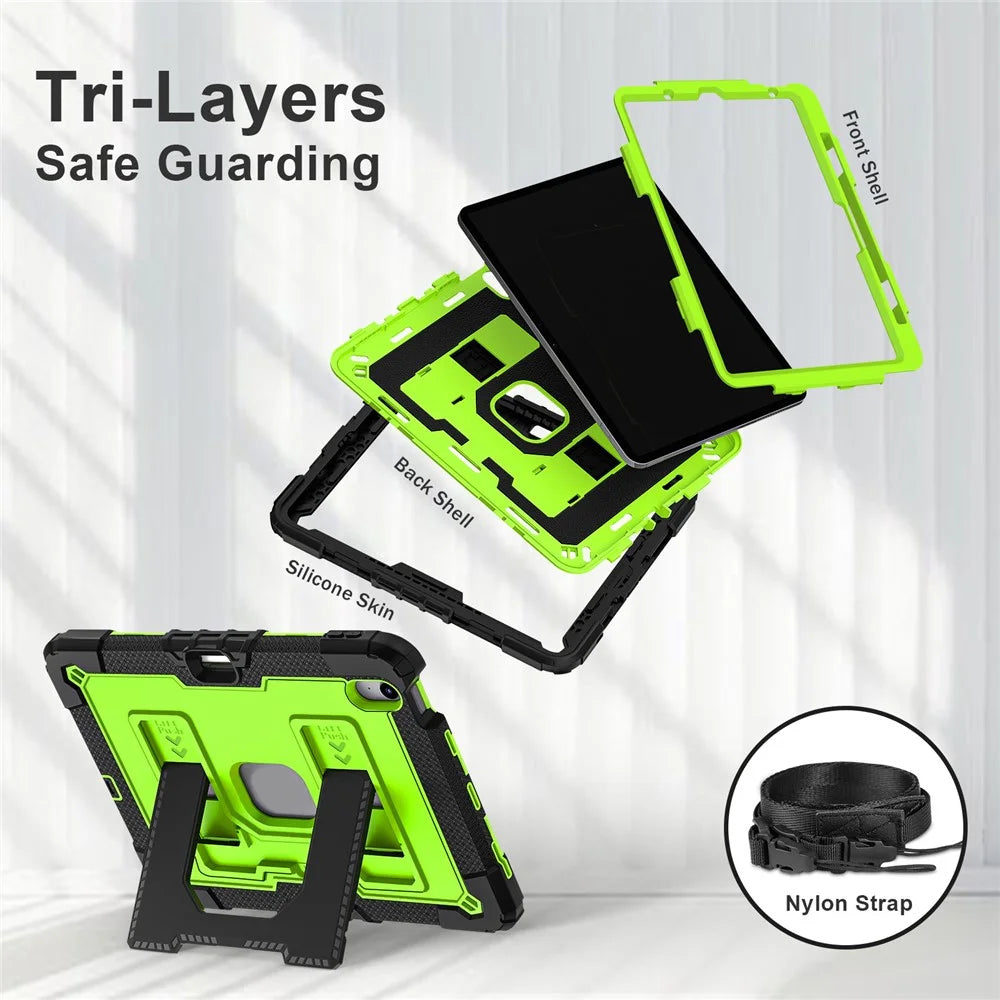 Tablet Case for iPad Air 11 (2026) / (2025) / (2024) / iPad Air (2022) / (2020) Anti Drop PC + Silicone Cover with Kickstand Strap - Black / Yellowgreen - 2