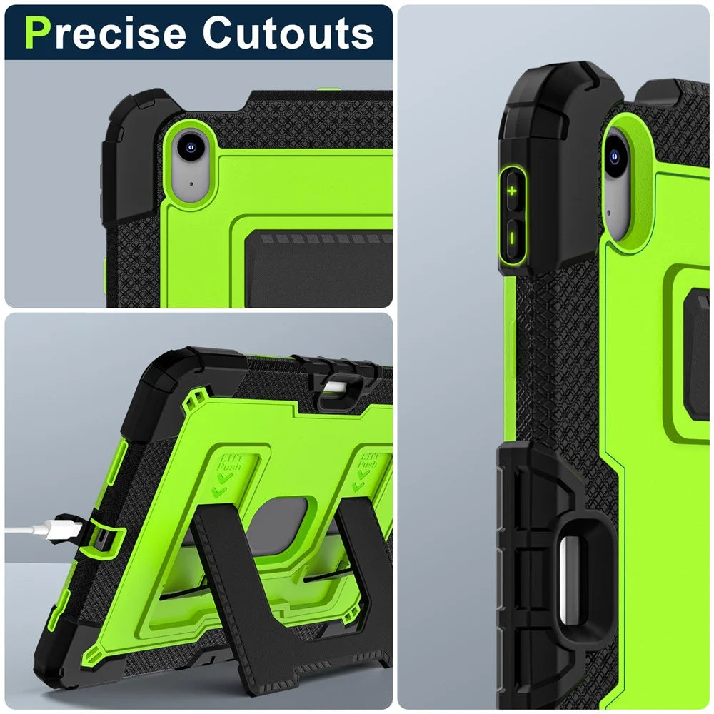 Tablet Case for iPad Air 11 (2026) / (2025) / (2024) / iPad Air (2022) / (2020) Anti Drop PC + Silicone Cover with Kickstand Strap - Black / Yellowgreen - 5