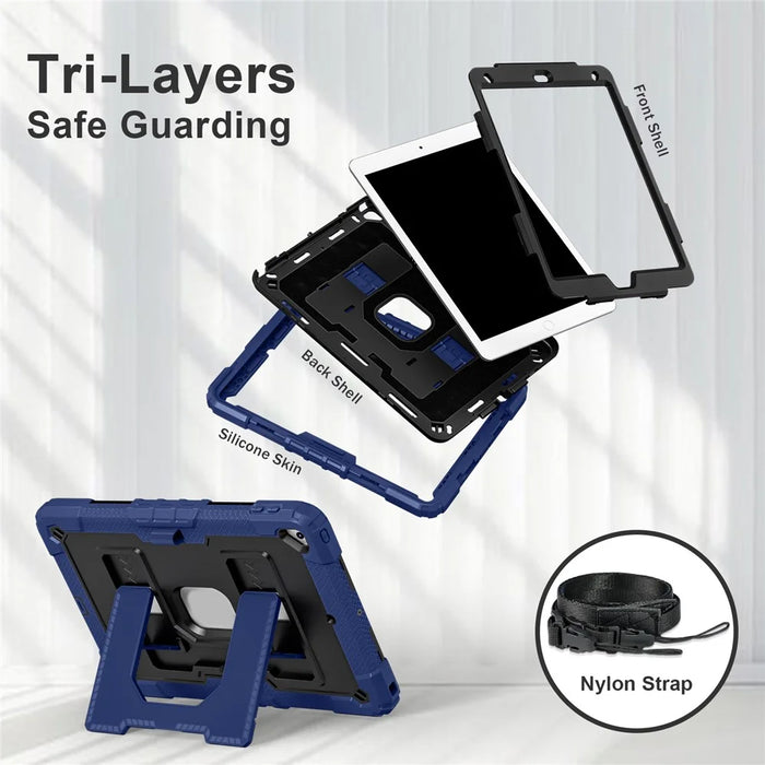For iPad 10.2 (2021) / (2019) / (2020) Case with Kickstand Strap Anti Drop PC + Silicone Tablet Cover - Navy Blue / Black - 2