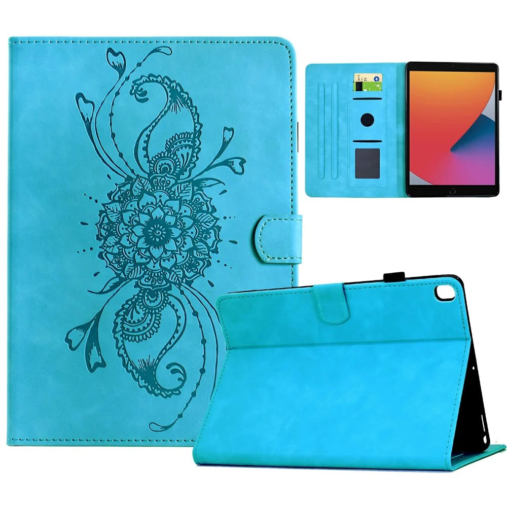 Tablet Case for iPad 10.2 (2021) / (2019) / (2020) / Air 10.5 inch (2019 / Pro 10.5-inch (2017) Mandala Imprinted Leather Cover with Card Slots - Sky Blue - 1