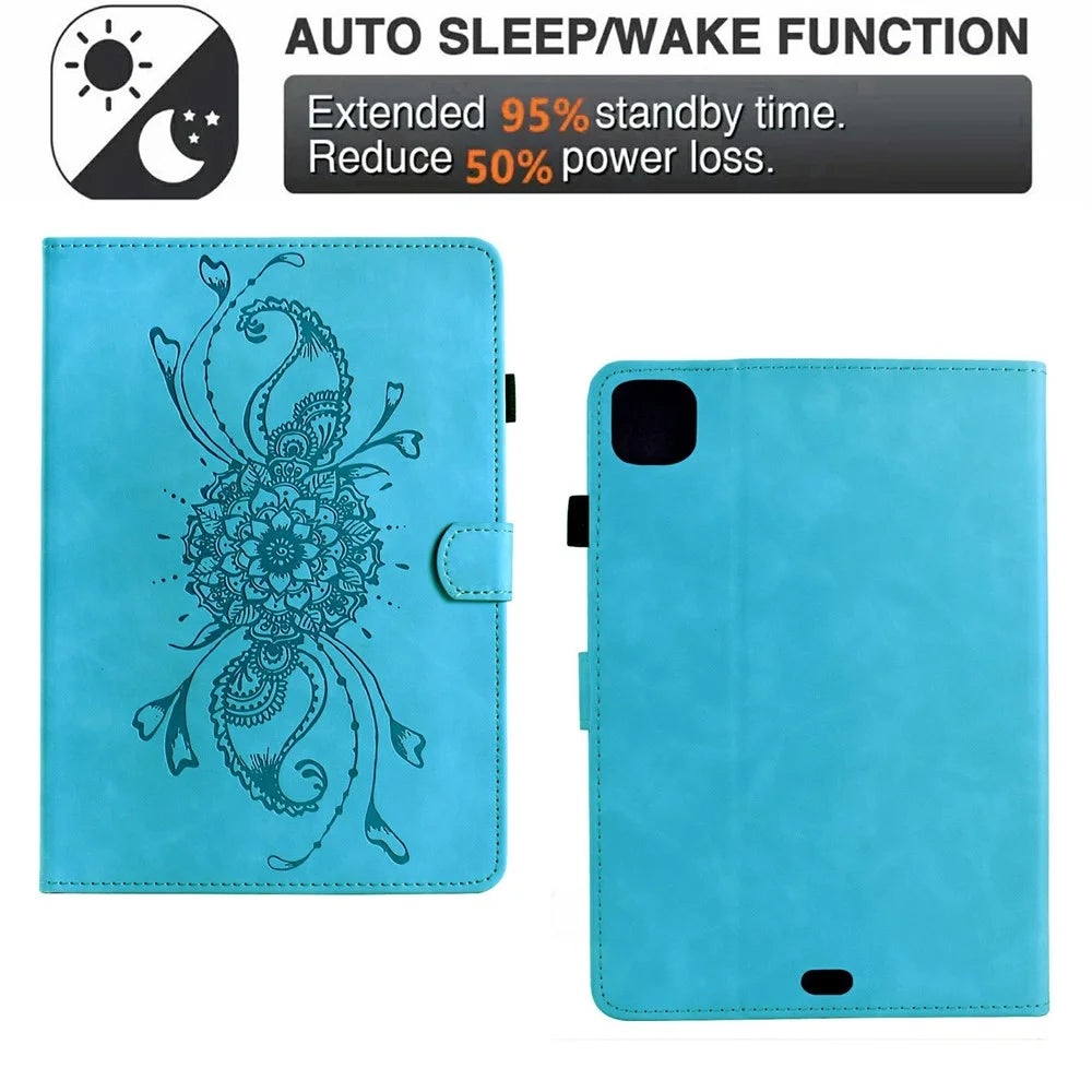 For iPad Pro 11 (2025) / (2024) Case Mandala Imprinted Leather Tablet Cover with Card Slots - Sky Blue - 5