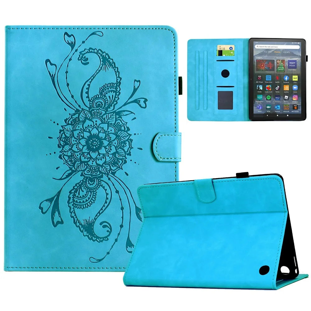 For Amazon Fire 7 (2022) Case Mandala Imprinted Leather Tablet Cover with Card Slots - Sky Blue - 1