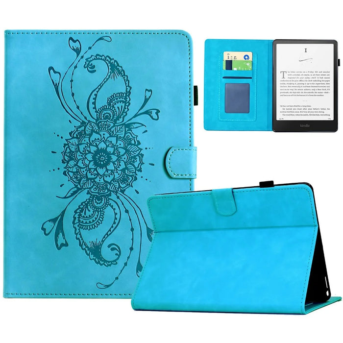 For Amazon Kindle Paperwhite 6 (2024) Case Mandala Imprinted Leather Tablet Cover with Card Slots - Sky Blue - 1