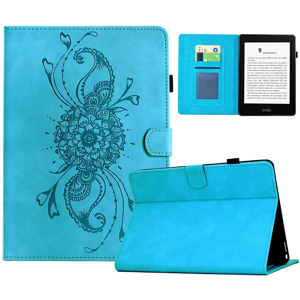For Amazon Kindle Paperwhite 5 (2021) Case Mandala Imprinted Leather Tablet Cover with Card Slots - Sky Blue - 1