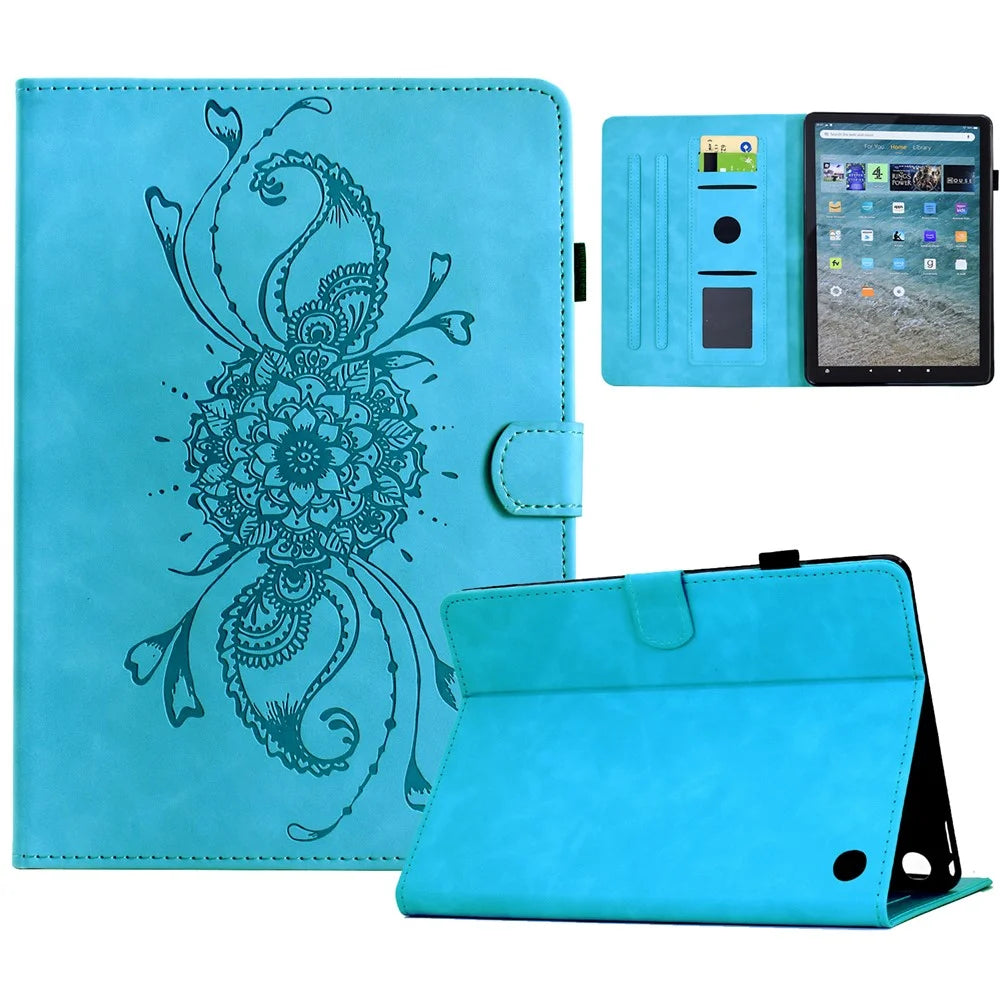 For Amazon Kindle Fire Max 11 2023 Case Mandala Imprinted Leather Tablet Cover with Card Slots - Sky Blue - 1