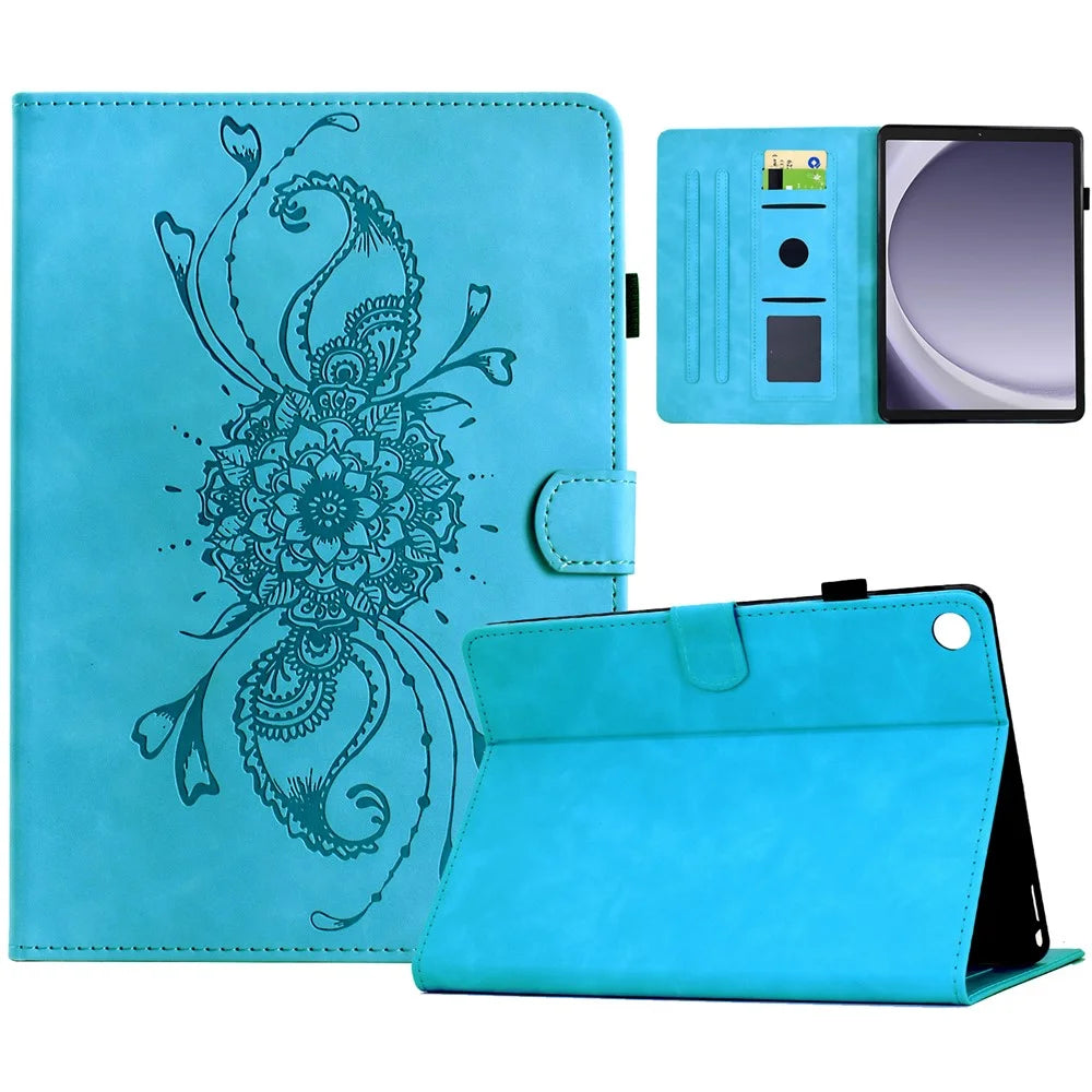 For Samsung Galaxy Tab A9 Case Mandala Imprinted Leather Tablet Cover with Card Slots - Sky Blue - 1