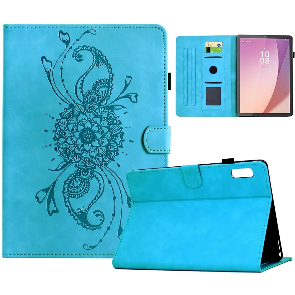 For Lenovo Tab M9 TB-310FU Case Mandala Imprinted Leather Tablet Cover with Card Slots - Sky Blue - 1