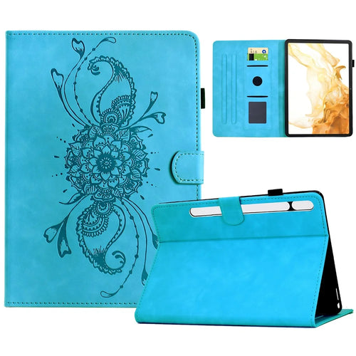 For Samsung Galaxy Tab S8 X700 X706 / Tab S7 T870 T875 Case Mandala Imprinted Leather Tablet Cover with Card Slots - Sky Blue - 1