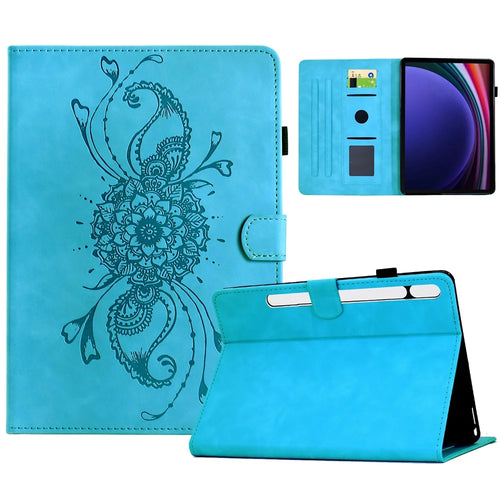 For Samsung Galaxy Tab S9 / Tab S9 FE Case Mandala Imprinted Leather Tablet Cover with Card Slots - Sky Blue - 1