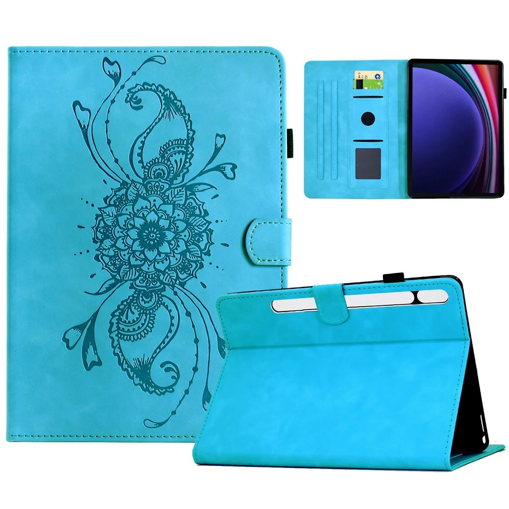 For Samsung Galaxy Tab S9 / Tab S9 FE Case Mandala Imprinted Leather Tablet Cover with Card Slots - Sky Blue - 1