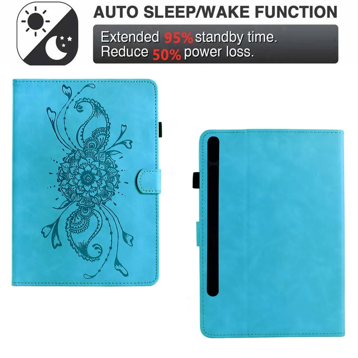 For Samsung Galaxy Tab S9 / Tab S9 FE Case Mandala Imprinted Leather Tablet Cover with Card Slots - Sky Blue - 5
