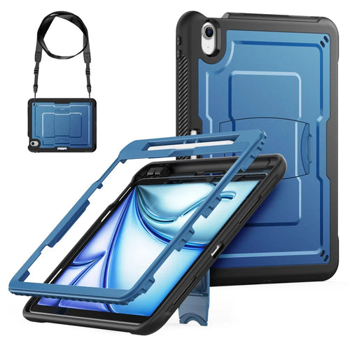For iPad Air 11 (2026) / (2025) / (2024) Case Hidden Zinc Alloy Kickstand PC + TPE Tablet Cover with Shoulder Strap - Navy Blue - 1