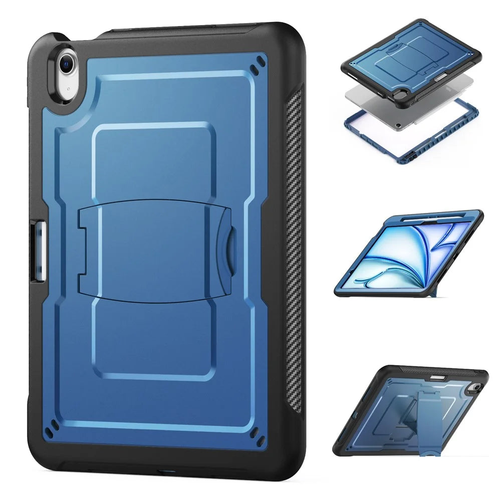 For iPad Air 11 (2026) / (2025) / (2024) Case Hidden Zinc Alloy Kickstand PC + TPE Tablet Cover with Shoulder Strap - Navy Blue - 3