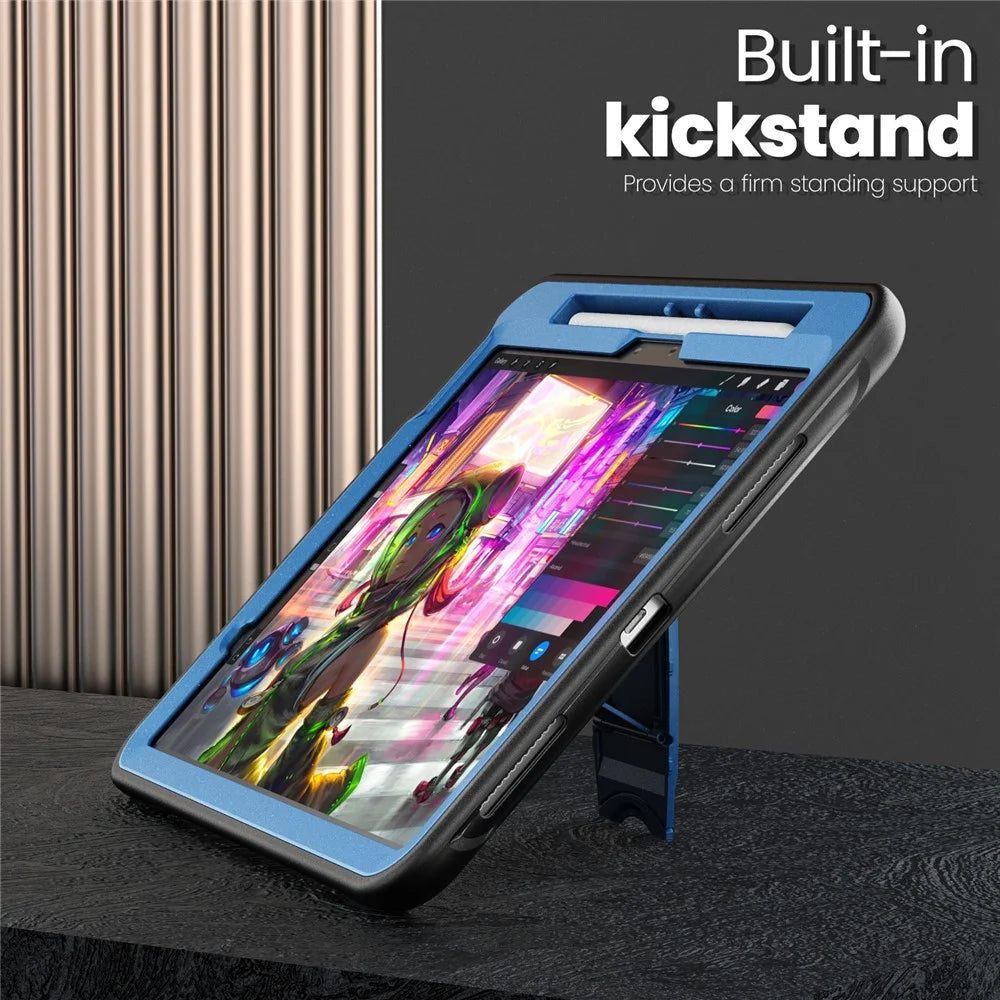 For iPad Air 11 (2026) / (2025) / (2024) Case Hidden Zinc Alloy Kickstand PC + TPE Tablet Cover with Shoulder Strap - Navy Blue - 5